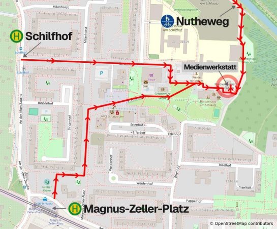Kartenausschnitt mit Wegbeschreibung zur Medienwerkstatt Potsdam